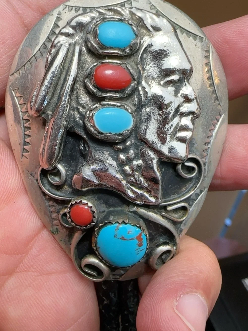Vintage Oversized Native American Silver Turquoise & Coral Bolo Tie